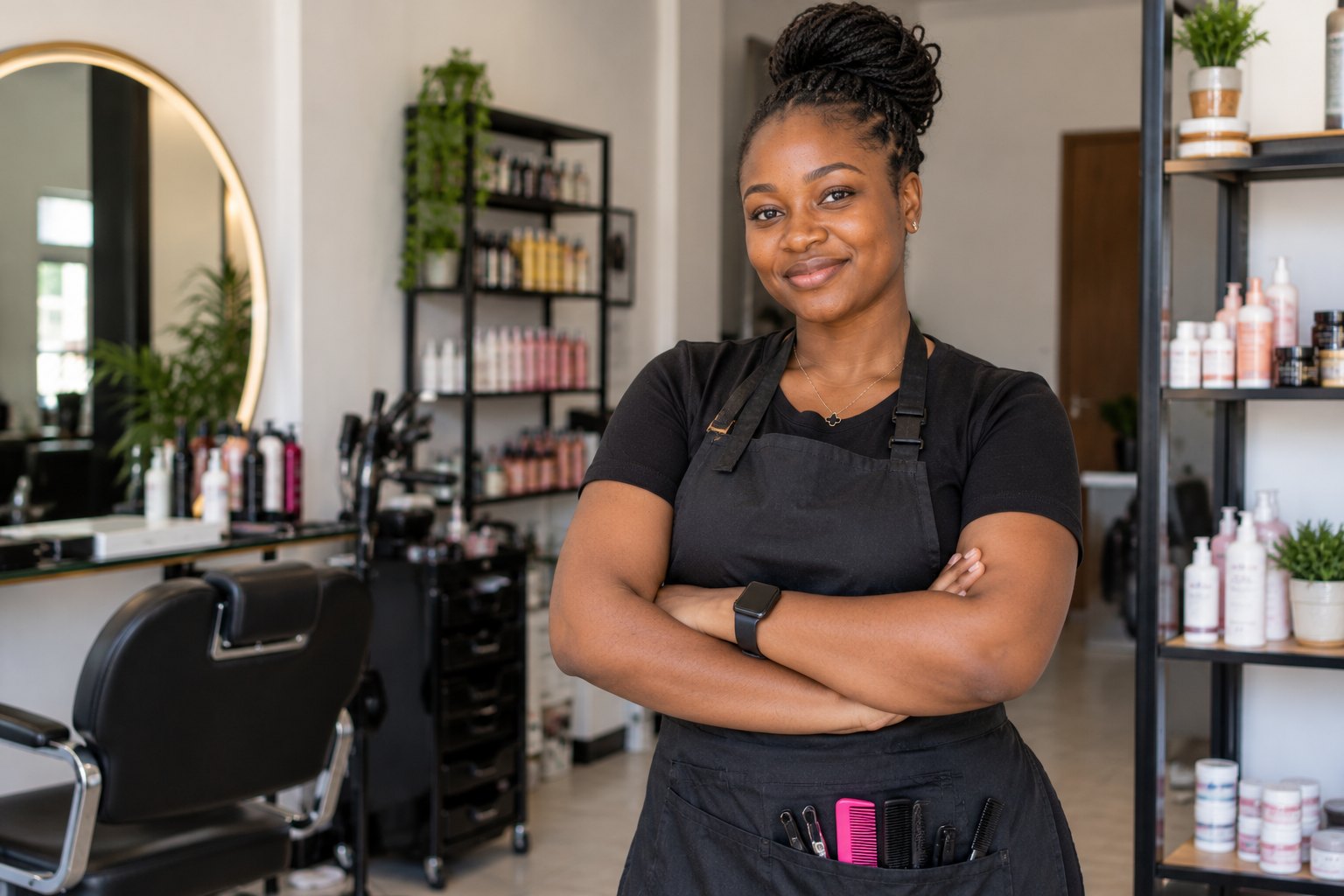 A smiling salon owner in a black apron, arms folded, in her bright salon.